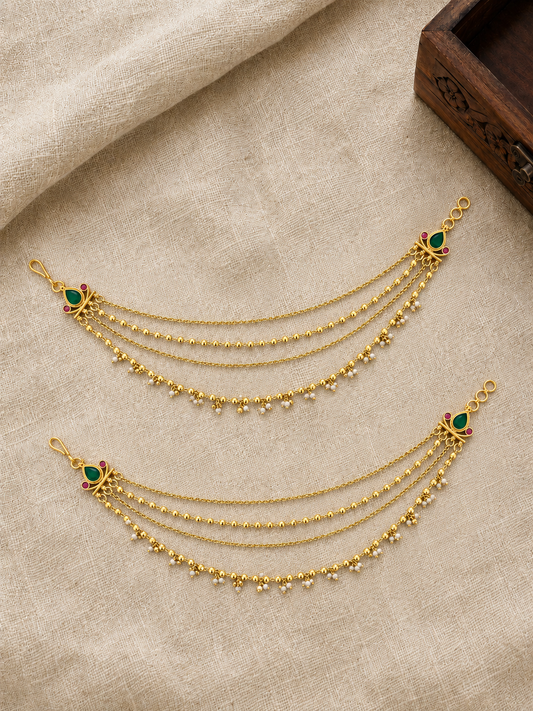 Minimal Four Layer Pearl Kundan Ear Chain | Handmade Gold Plated | EC223