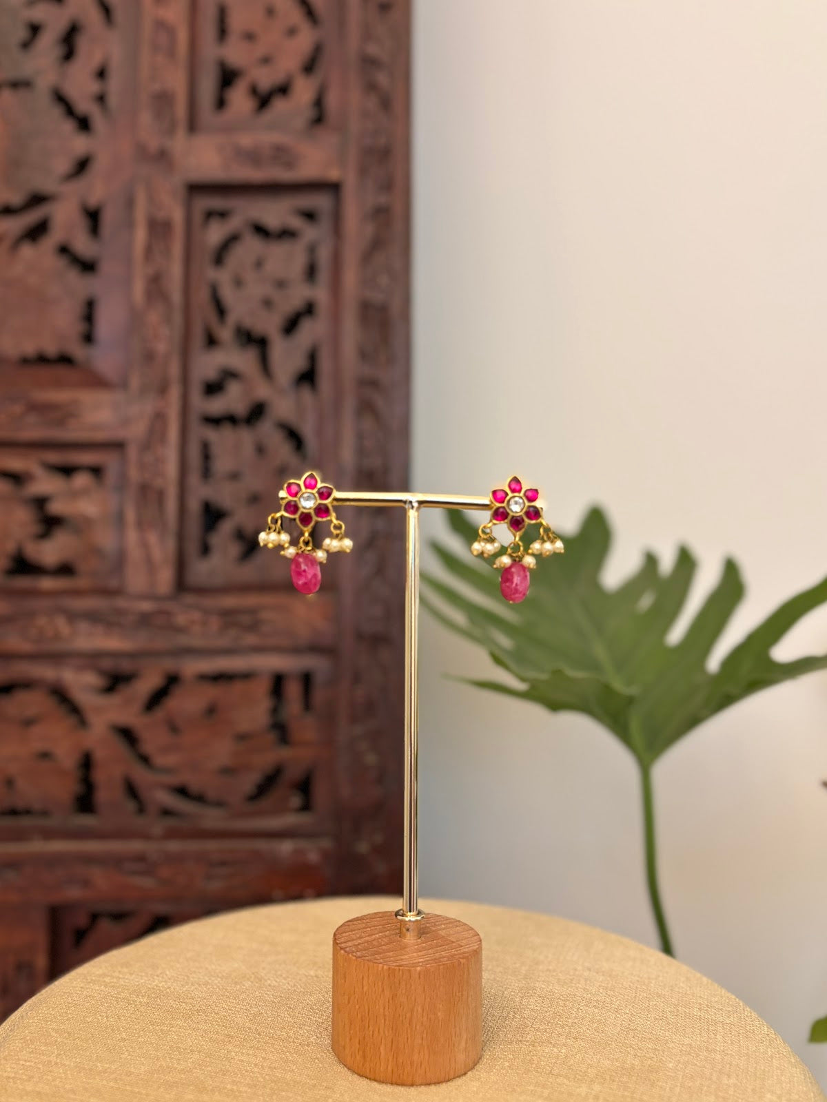 Royal Ruby Flower Studs | Handmade Gold Plated | ER426