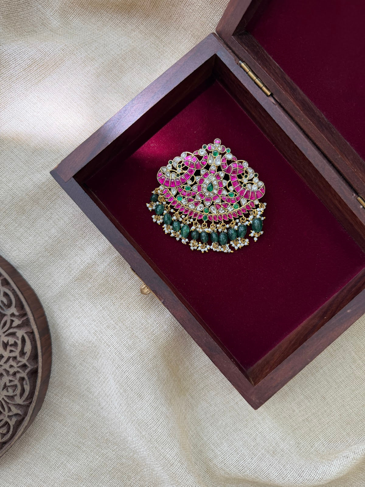 Royal Multicolour Peacock Kundan Pendant | Jadau Floral Design with Pearl Drop | Handmade Gold Plated | HA397