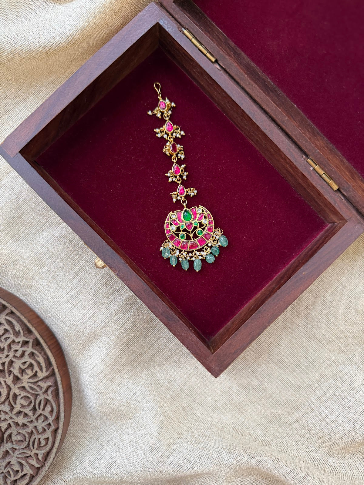 Traditional Lotus Jadau Kundan Maang Tikka | Handmade Gold Plated | MT369