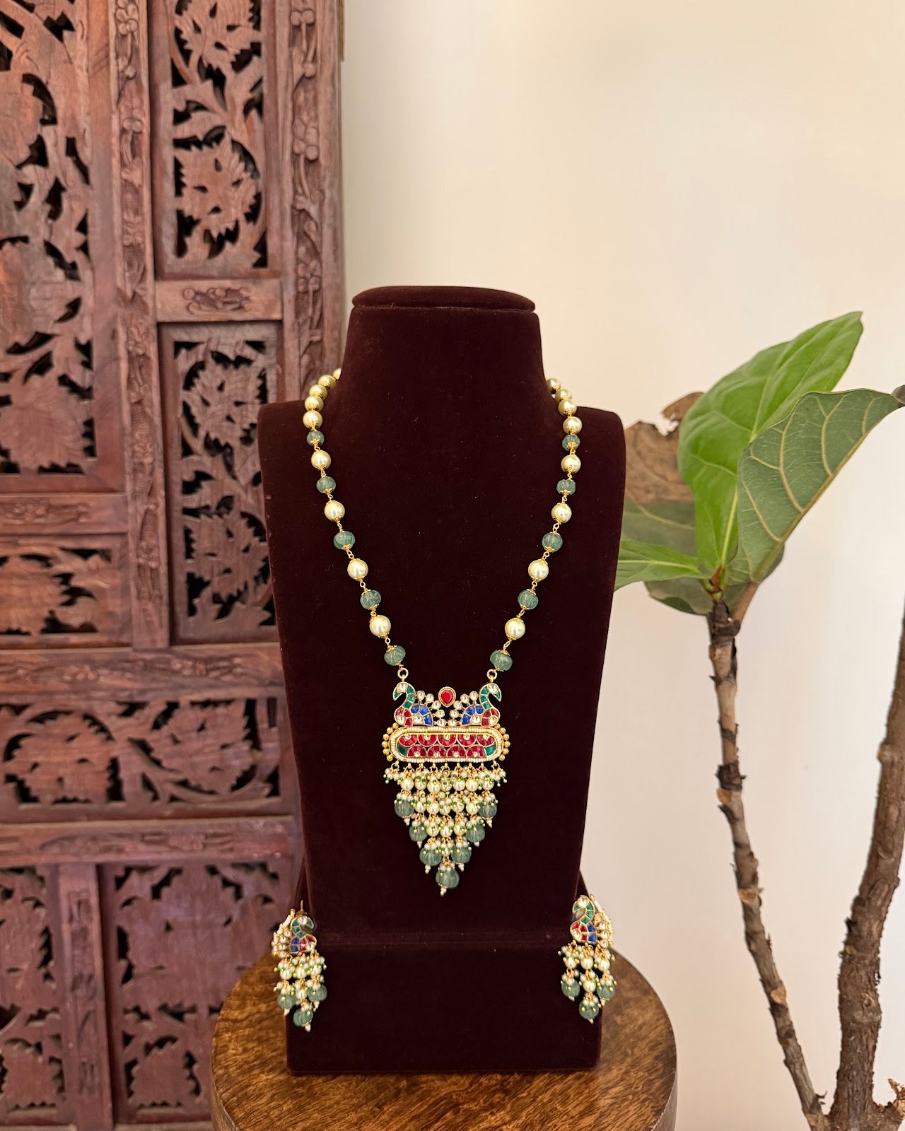 Multicolor Gold-Plated Kundan Peacock Malla with Earrings | Handmade Gold Plated | NC793
