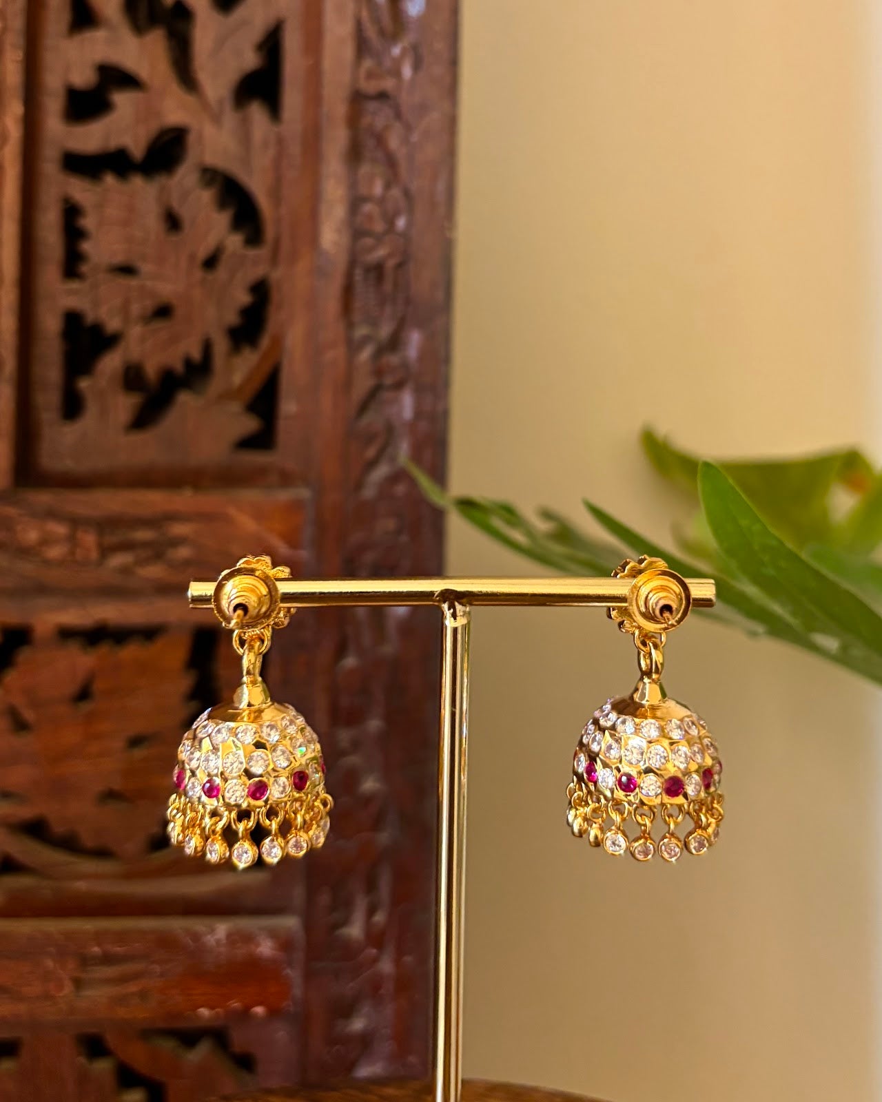 Vintage Impon Small Earrings | Classic Jhumkas | Ruby and White | Handmade Gold Tone | ER442