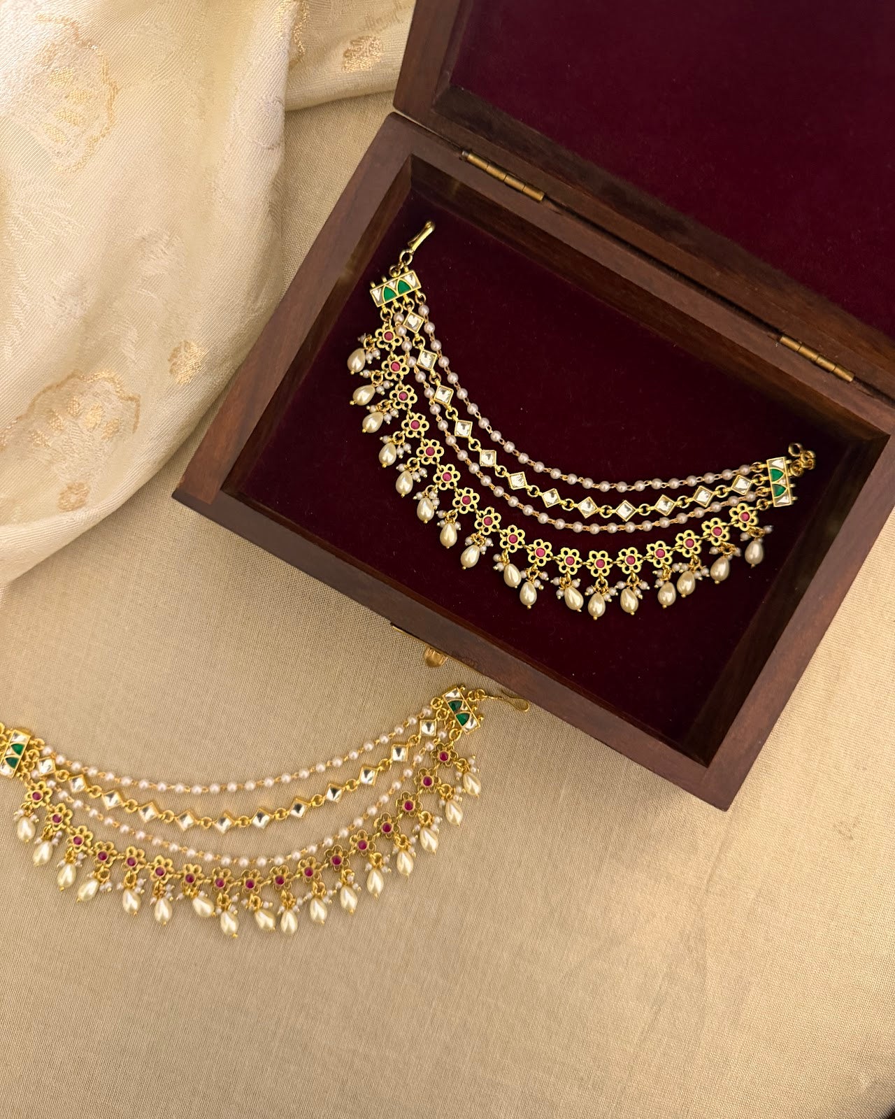 Multi Color Kundan Three-Layer Ear Chain | Handmade Gold Plated | EC217