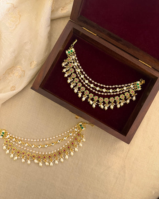 Multi Color Kundan Three-Layer Ear Chain | Handmade Gold Plated | EC217