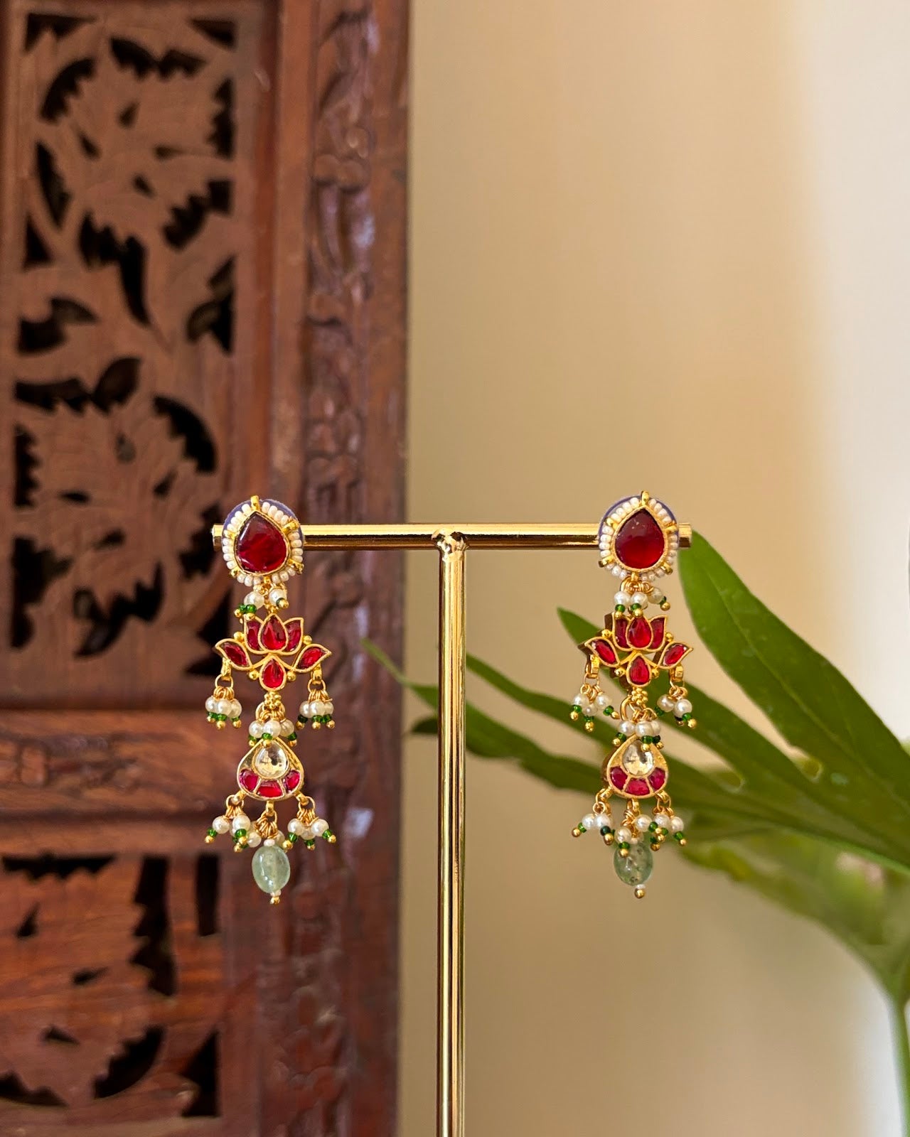 Lotus Floral Jadau Kundan Jhumkas with Pearl Hangings | Handmade Gold Plated | ER441