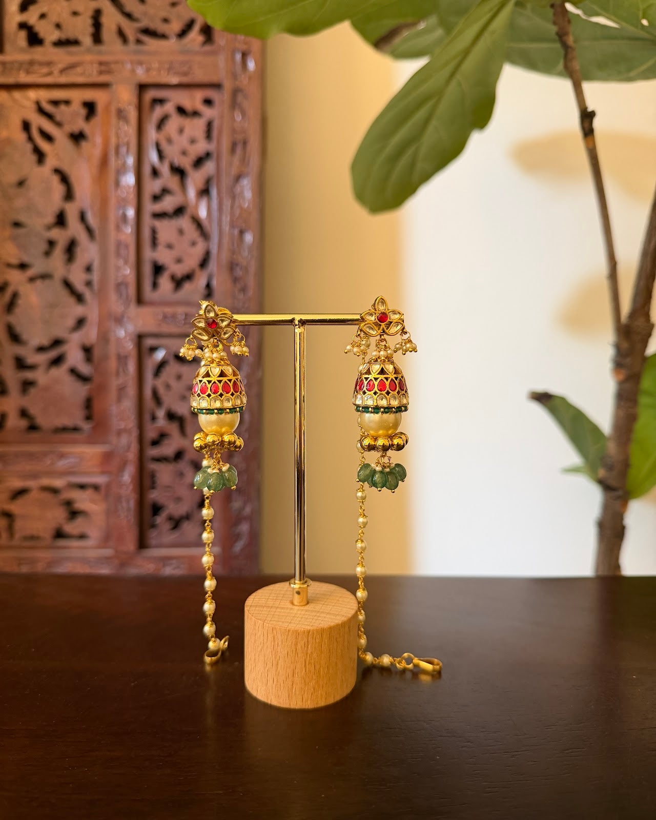 Kundan Pearl One of a Kind Earrings with Pear Ear Chain | Handmade Gold Plated | ER448