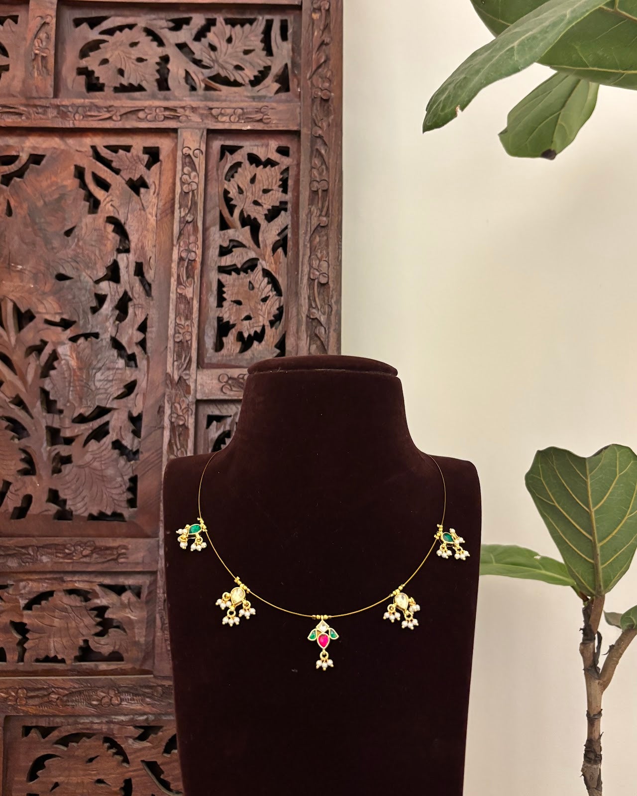 Jadau Kundan Invisible Chain Necklace with Earrings | Multicolor | Handmade Gold Plated | NC742