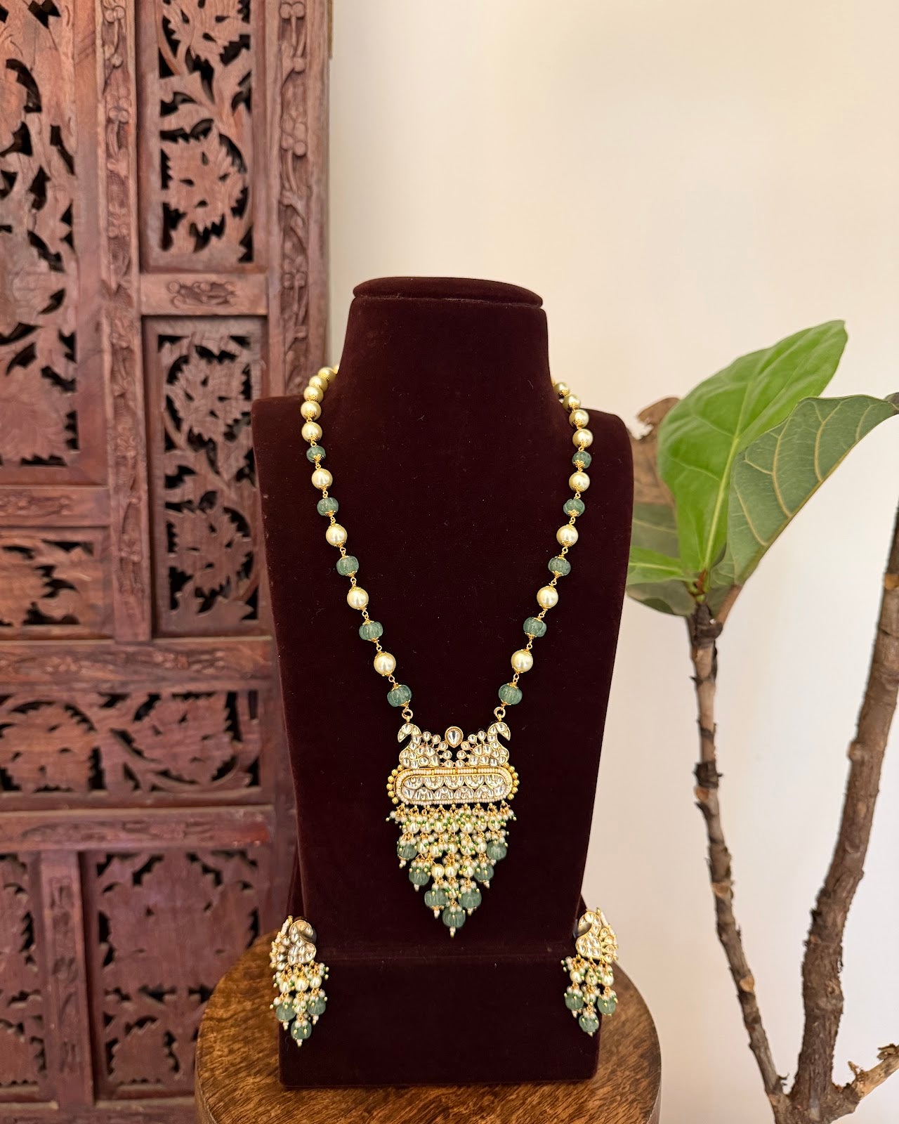 White Gold-Plated Kundan Peacock Malla with Earrings | Handmade Gold Plated | NC794