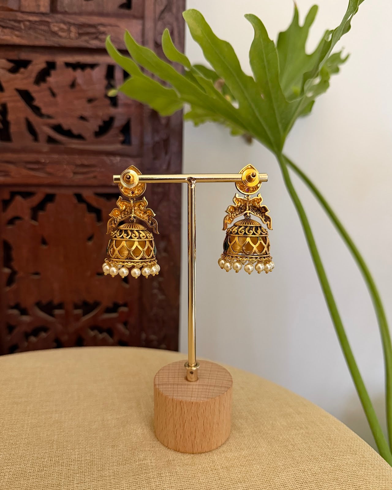 Multicolor Peacock Jadau Kundan Jhumkas With Pearl Hangings | ER416