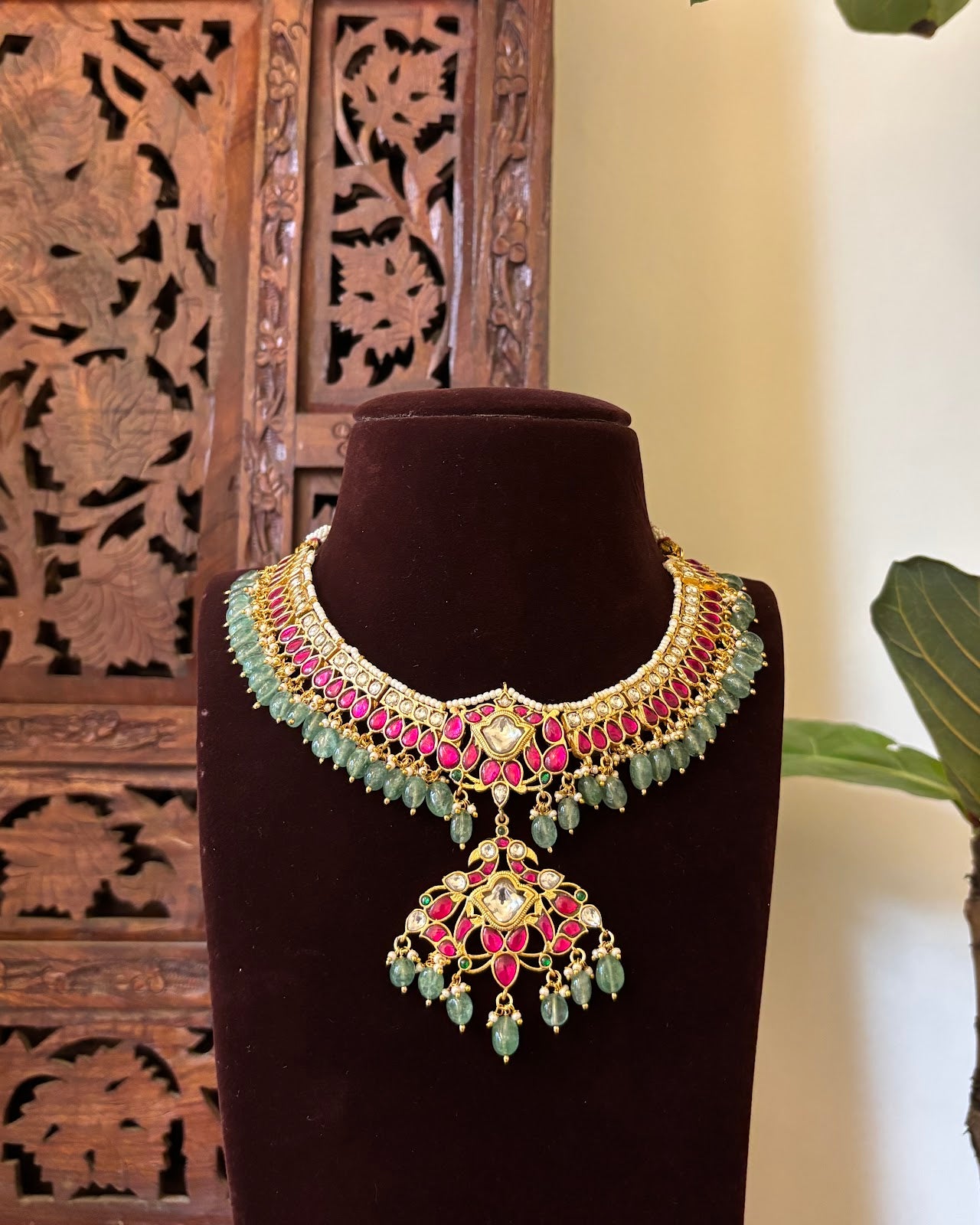 Bridal Jadau Kundan Floral Necklace with Strawberry Beads | Handmade Gold Plated | NC750