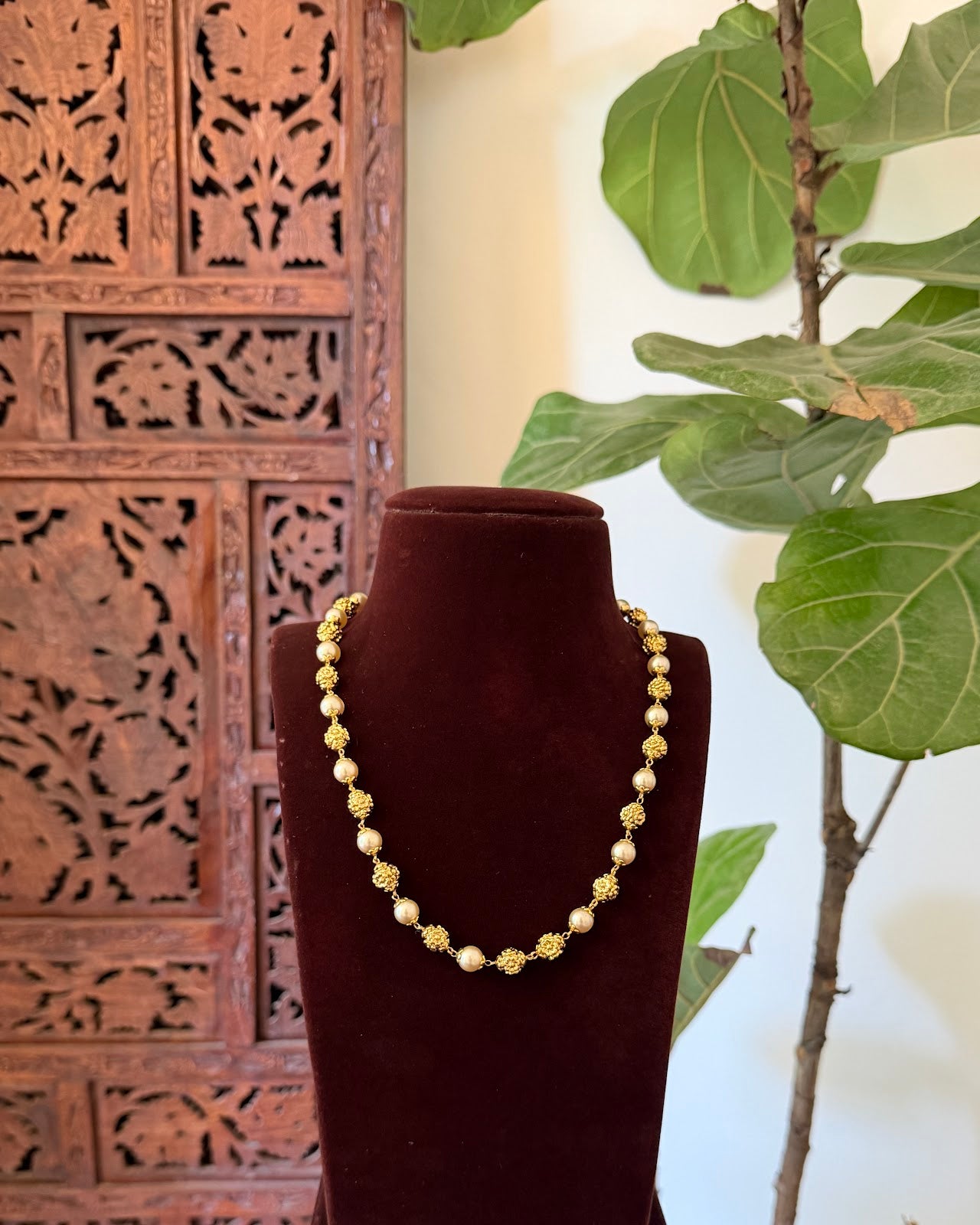 Antique Pearl Gold Plated Bead Mala Necklace | Handmade Gold Plated | NC816