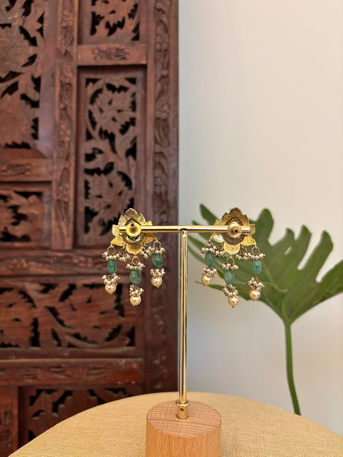 Ruby Green Floral Kundan Studs | Handmade Gold Plated | ER421