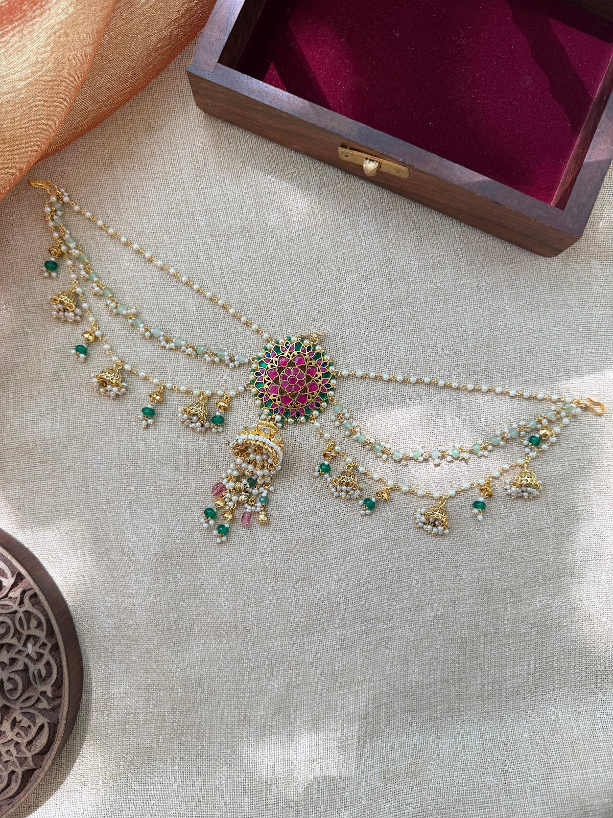 Traditional Jadau Kundan Pendant with Side Chain Hair Accessory HA412