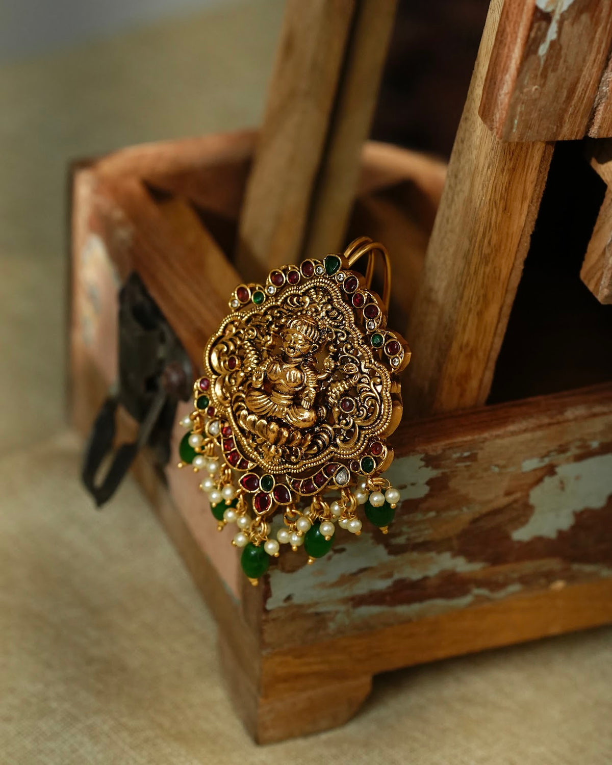 Antique Lakshmi Traditional Hair Pendant with Green Beads | HA431