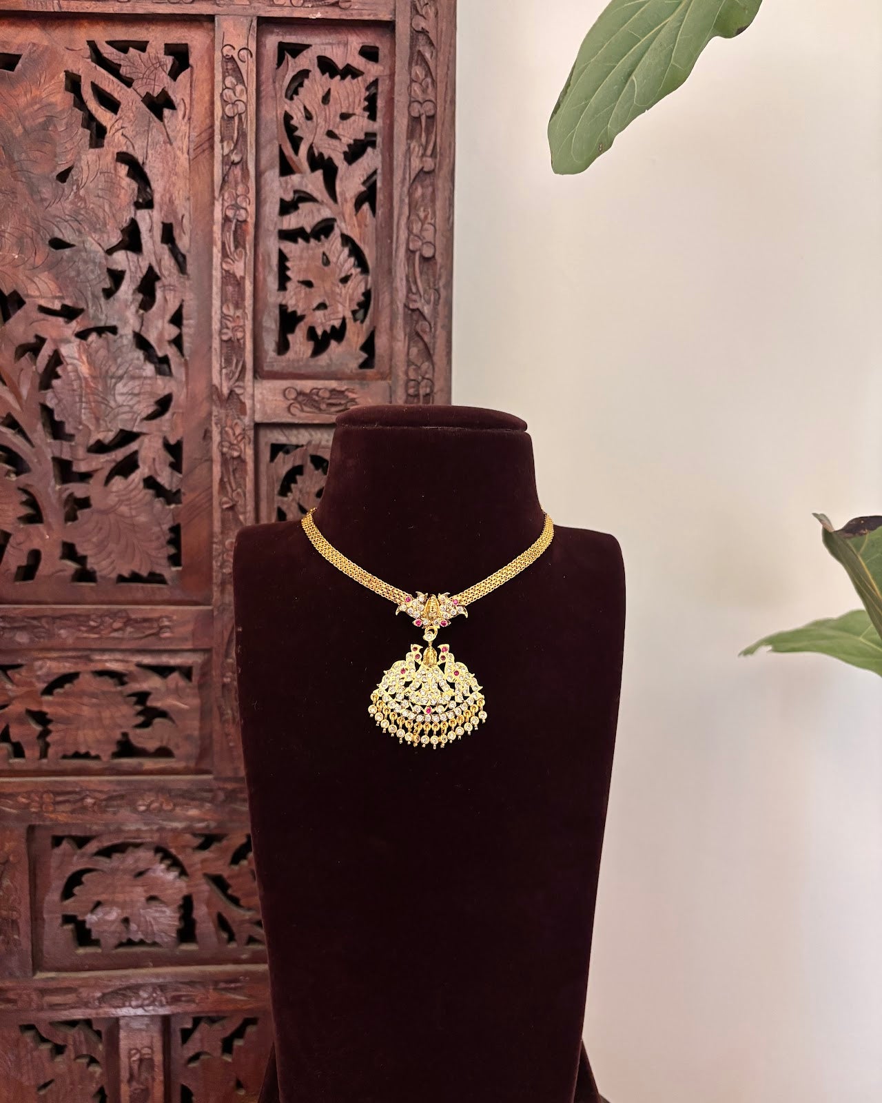 Vintage Impon Peacock Attigai Necklace – Ruby and White | Handmade Gold Tone | NC801
