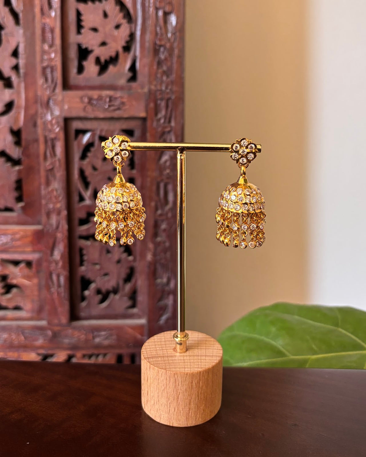 Vintage Impon Layered Stone Jhumkas | White | Handmade Gold Tone | ER505