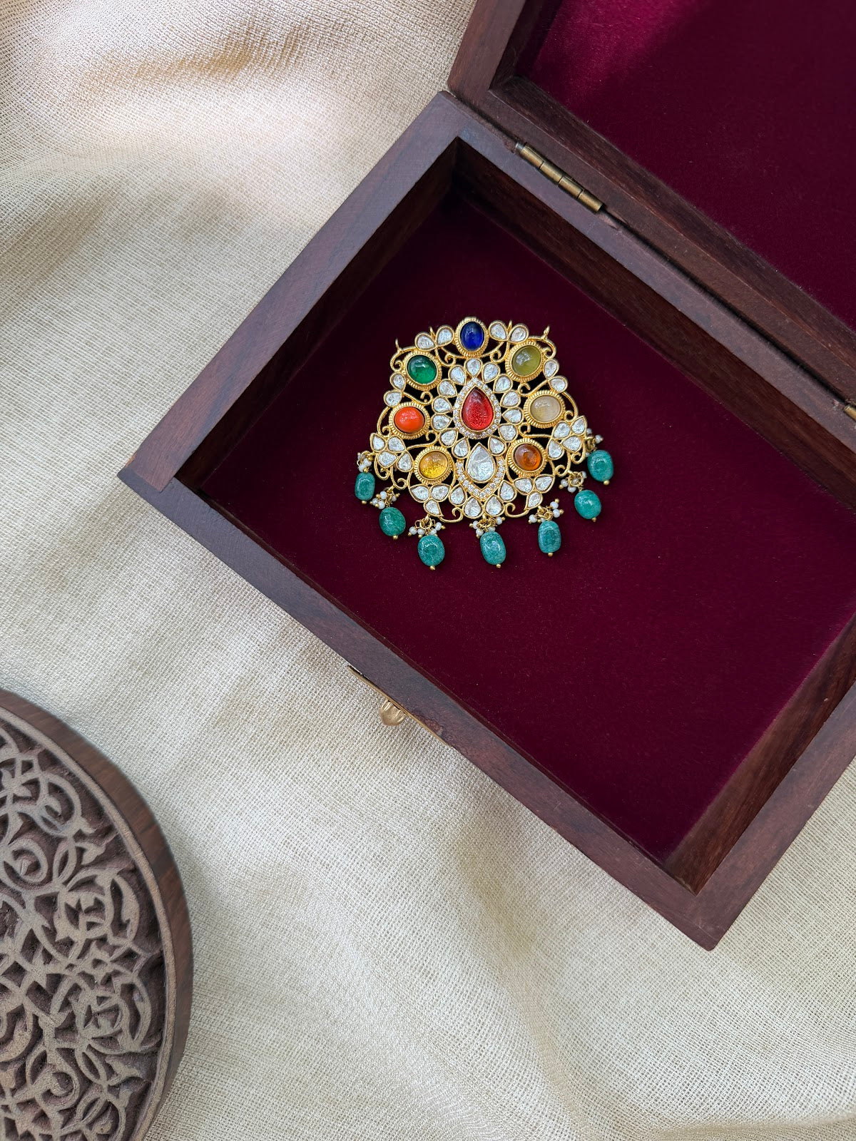 Jadau Kundan Multicolour Floral Pendant | Gold Plated Pearl Drop | HA394