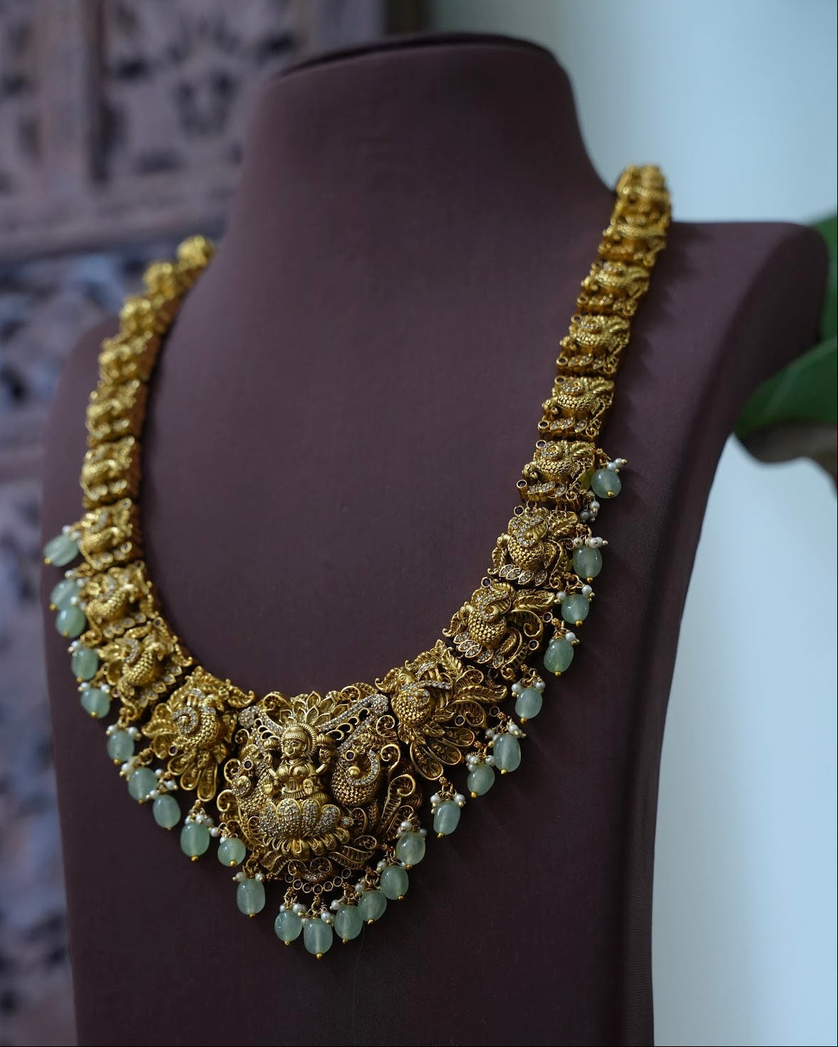 Antique Gold Plated Lakshmi Temple Necklace Set with Green Beads | Handmade Gold Plated | NC937