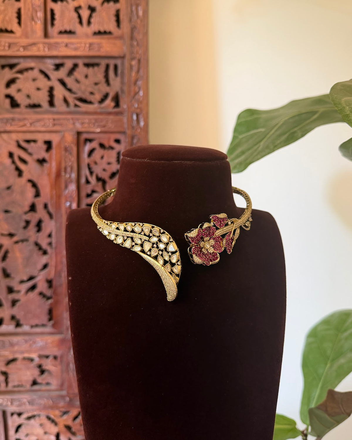 Contemporary Kanti Ruby Floral Choker with Earrings | Handmade Gold Plated | NC876