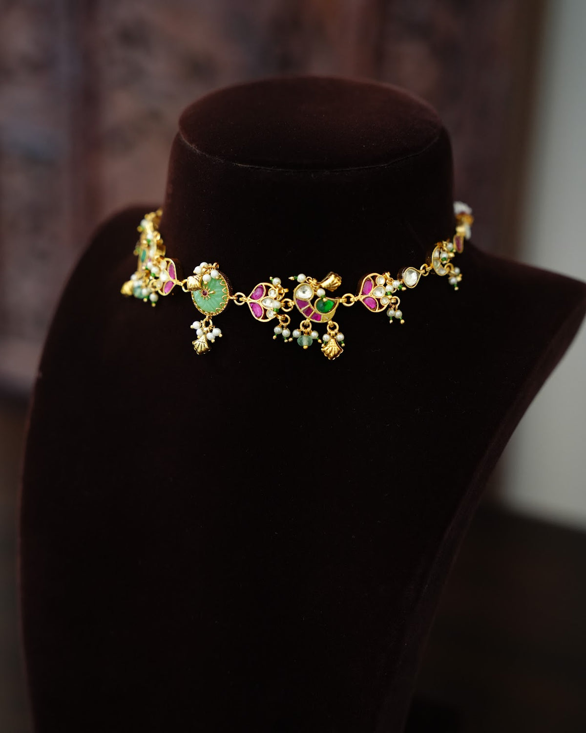 Pachi Kundan Floral Peacock Choker with Earrings | Handmade Gold Plated | NC900
