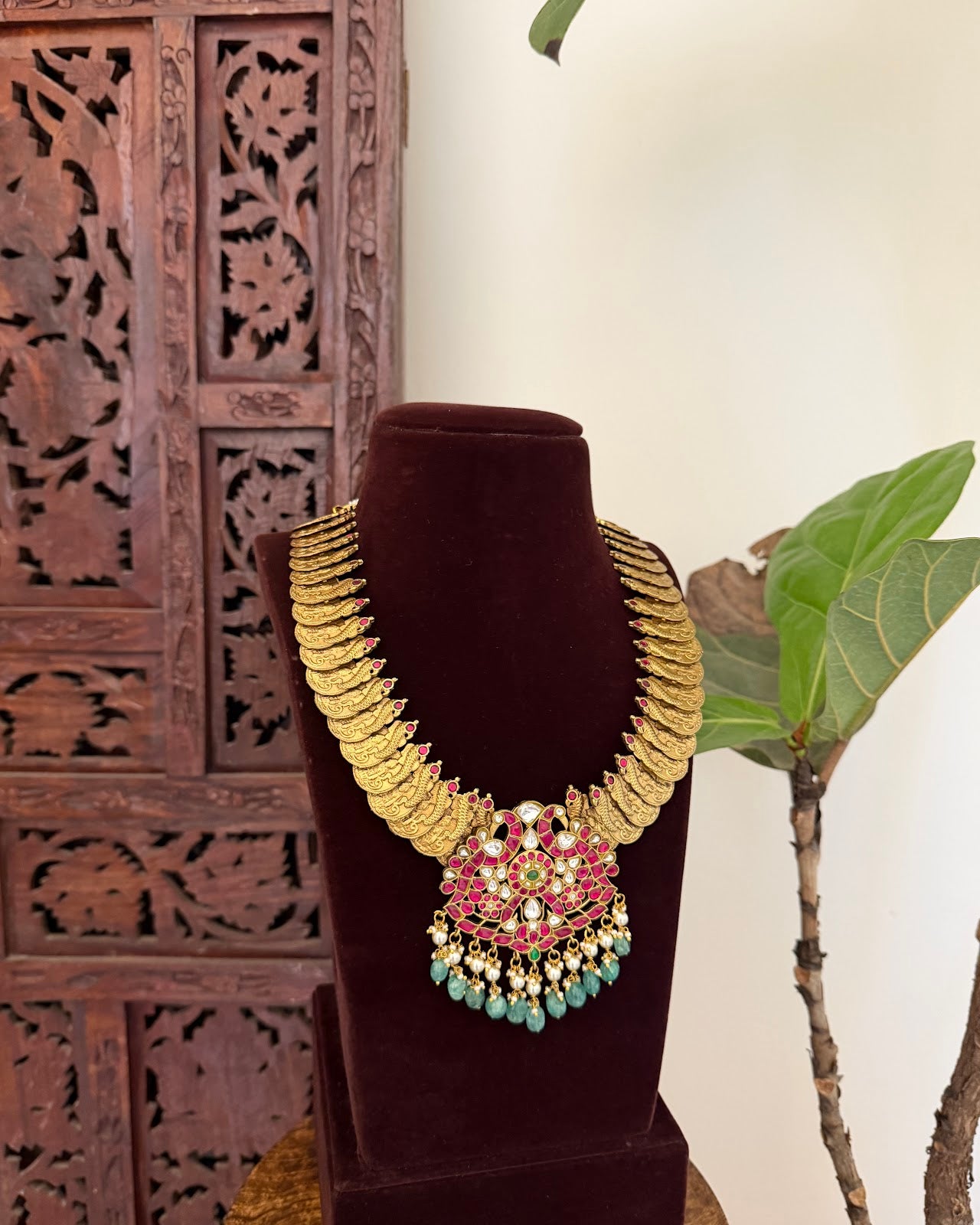 Royal Antique Peacock Kundan Kaasu Necklace | Handmade | NC789