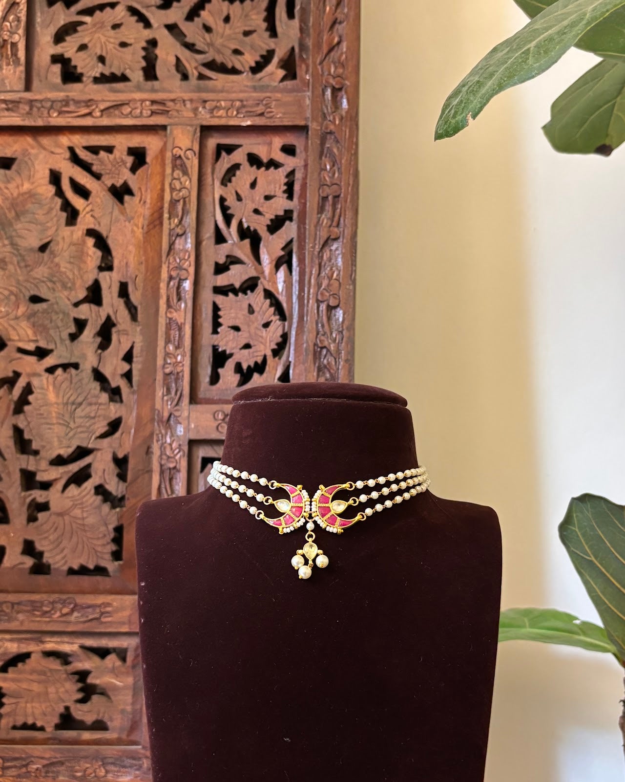 Classic Pearl Chand Choker with Earrings | Crescent Motif | Handmade Gold Plated | NC751
