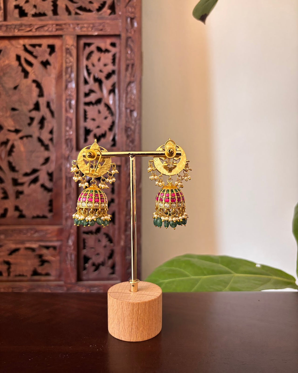 Regal Bloom Jadau Jhumkas with Pearl Drops | Handcrafted Gold-Plated | ER493