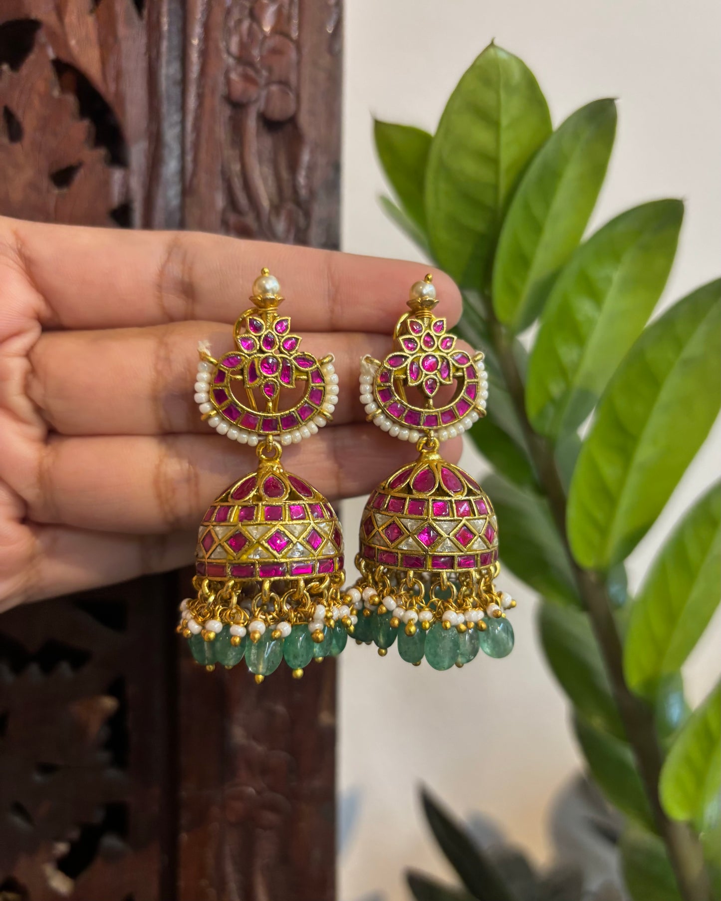 Multicolor Floral Jadau Kundan Jhumkas with Pearl Hangings | ER155
