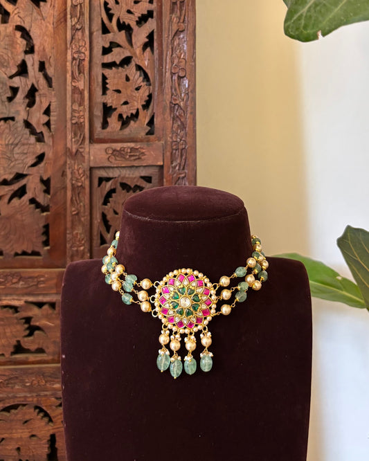 Traditional Multicolour Jadau Kundan Choker | Handmade Gold Plated | NC743