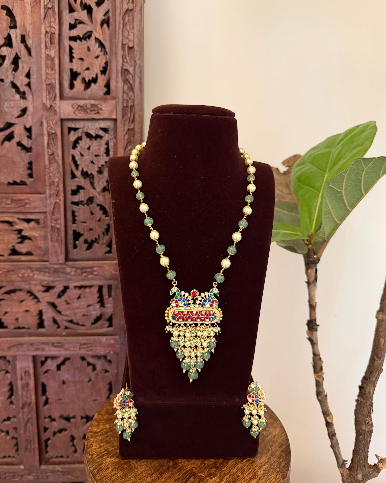 Multicolor Gold-Plated Kundan Peacock Malla with Earrings | Handmade Gold Plated | NC793