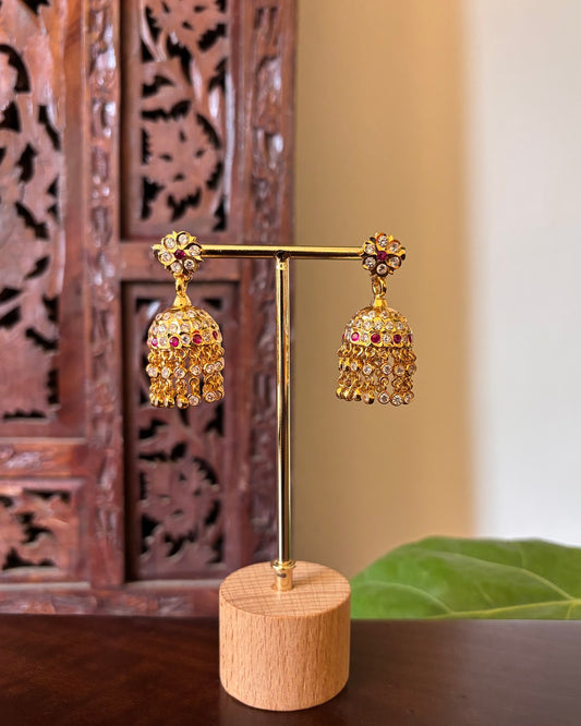 Vintage Heritage Layered Impon Jhumkas | Ruby and White | Handmade Gold Tone | ER506