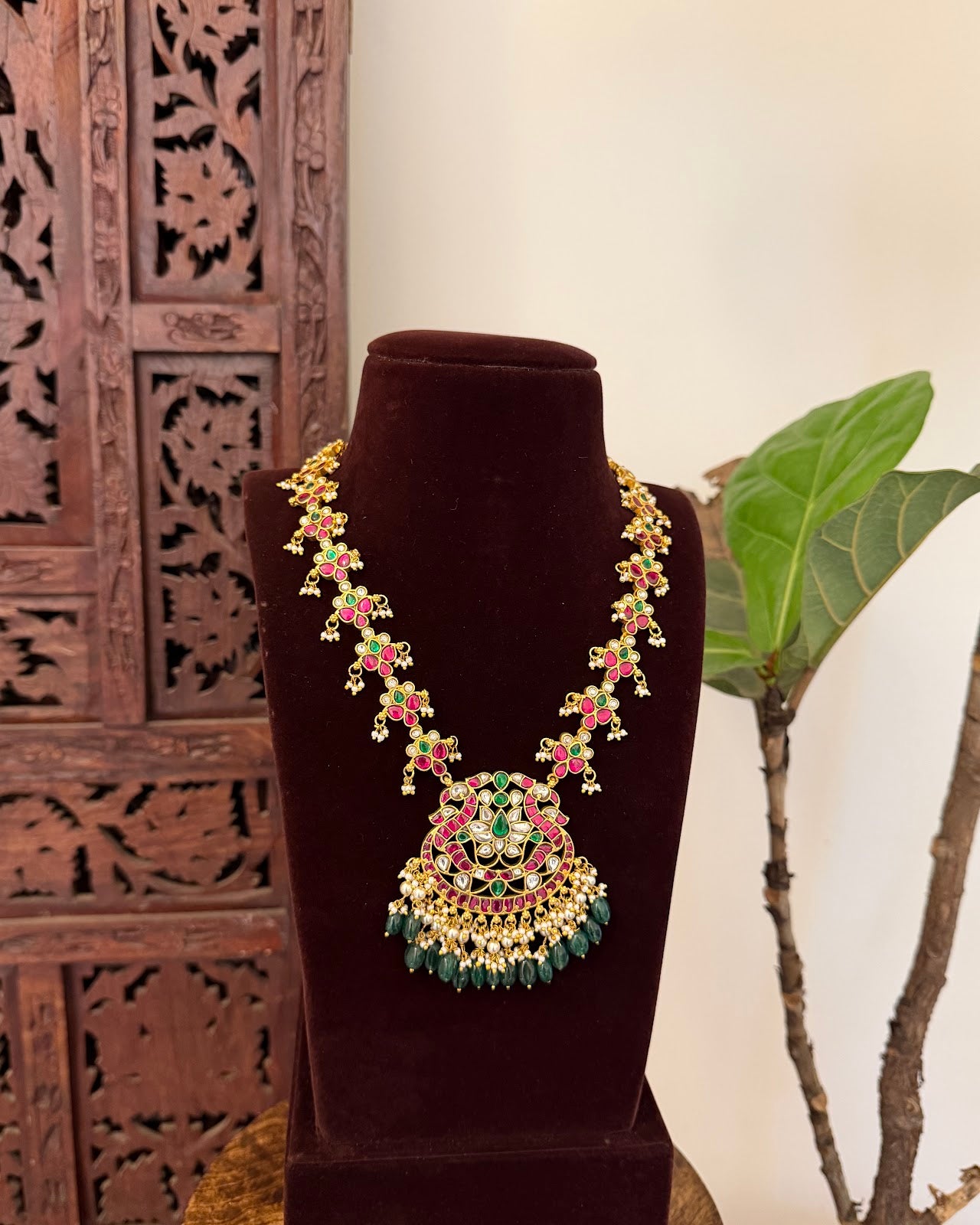 Elegant Kundan Floral Necklace with Strawberry Beads | Handmade Gold Plated | NC777