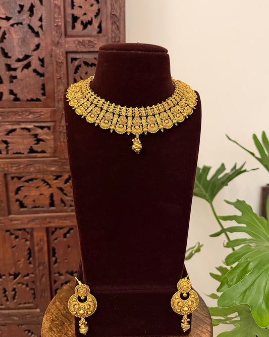 Traditional Antique Gold Matte Necklace & Earrings Set NC708