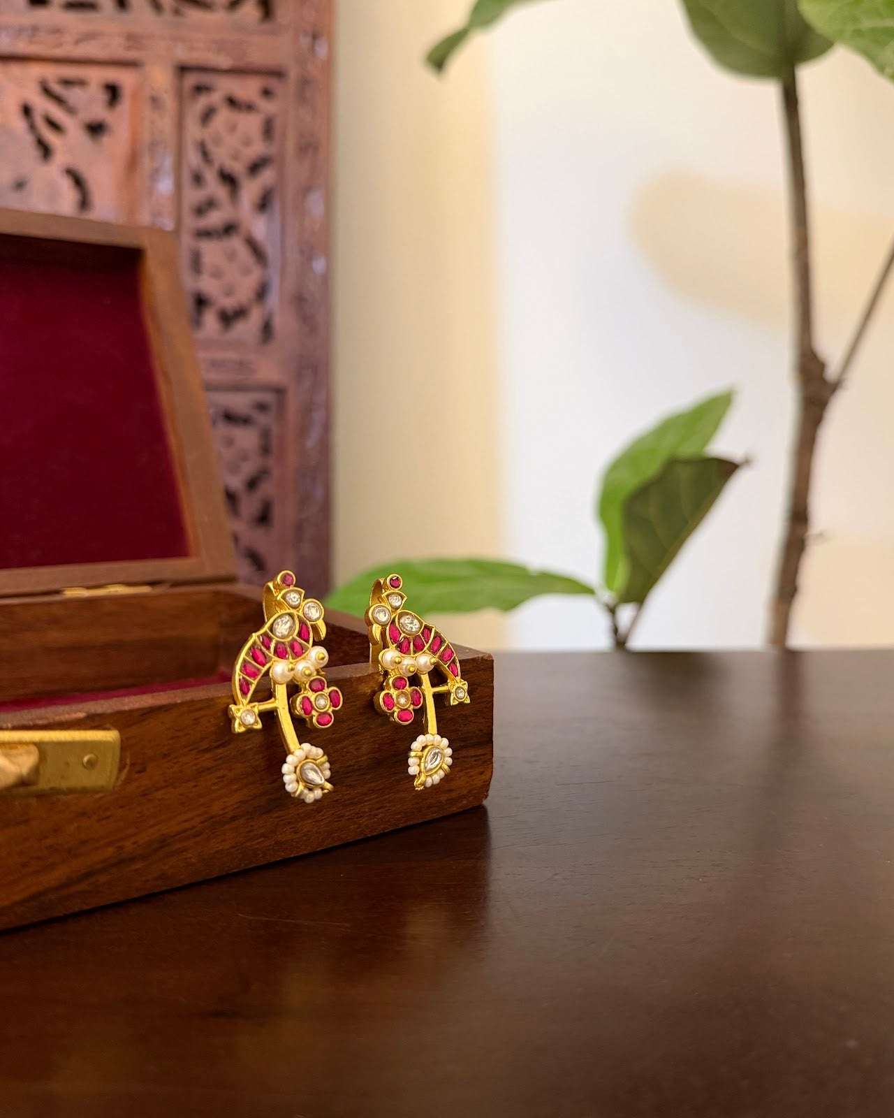 Jadau Kundan Parrot Bugadi | Ruby & White | Handmade Gold Plated | ER449