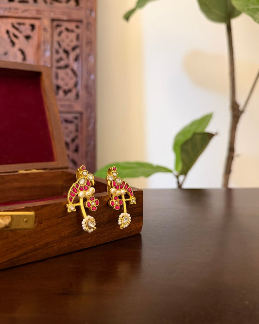 Jadau Kundan Parrot Bugadi | Ruby & White | Handmade Gold Plated | ER449
