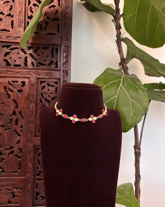 Floral Pearl Delicate Minimal Choker | Ruby | Handmade Gold Plated | NC882
