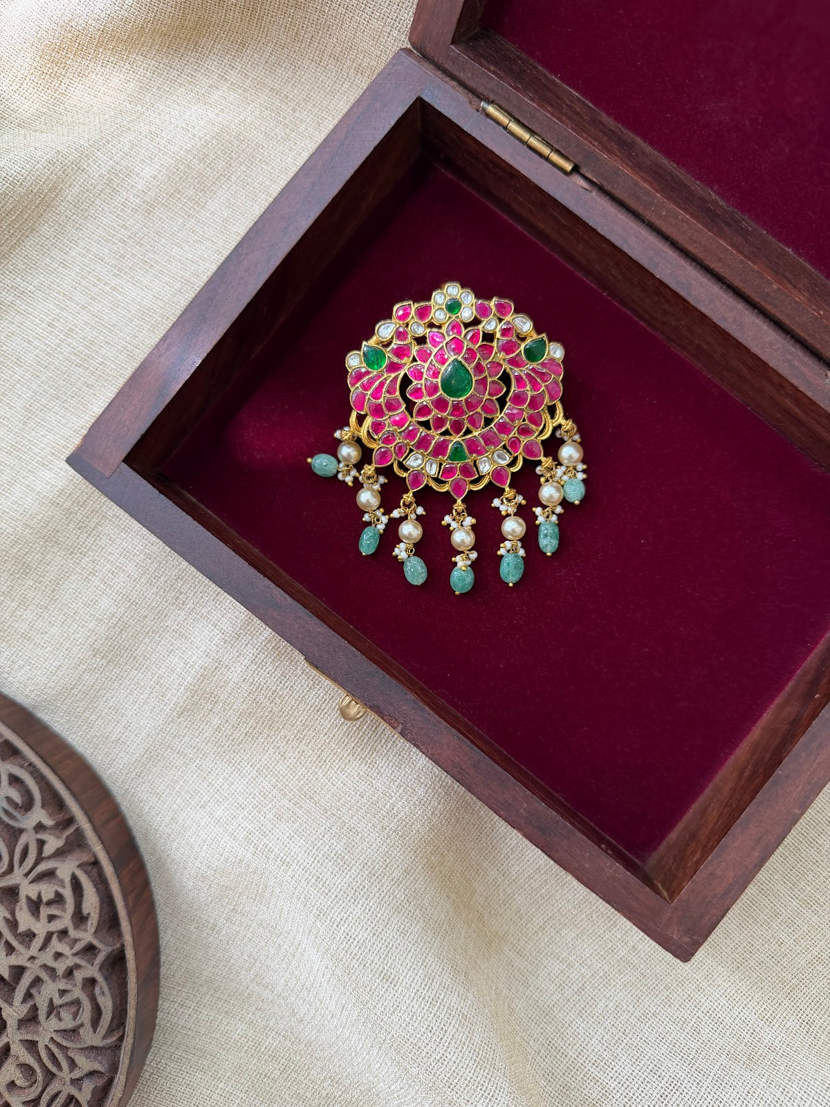 Traditional Kundan Jadau Pendant | Multicolour Floral Design with Pearl Drop | Handmade Gold Plated | HA398