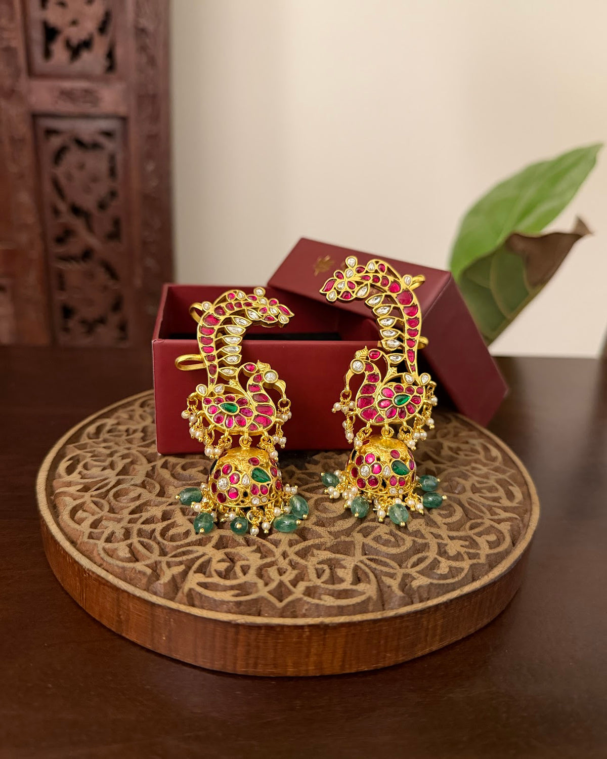 Royal Peacock Kundan Ear Cuff Jhumkas – Intricate Traditional Design | Handmade Gold Plated | ER497