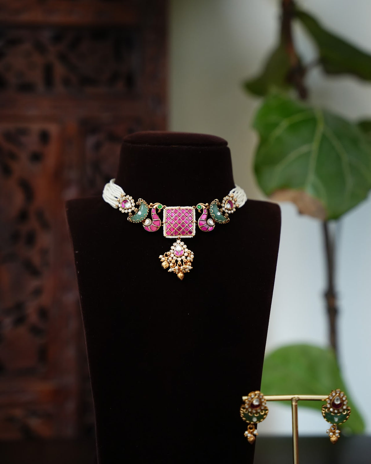 Kundan Pearl Peacock Choker with Earrings | Handmade Gold Plated | NC892