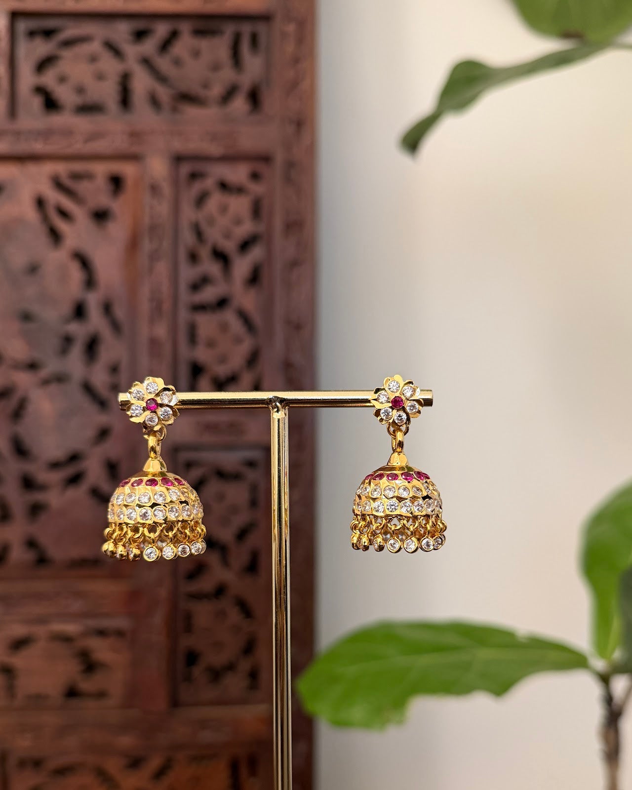 Vintage Impon Earrings | Ruby & White | Handmade Gold Tone | ER453