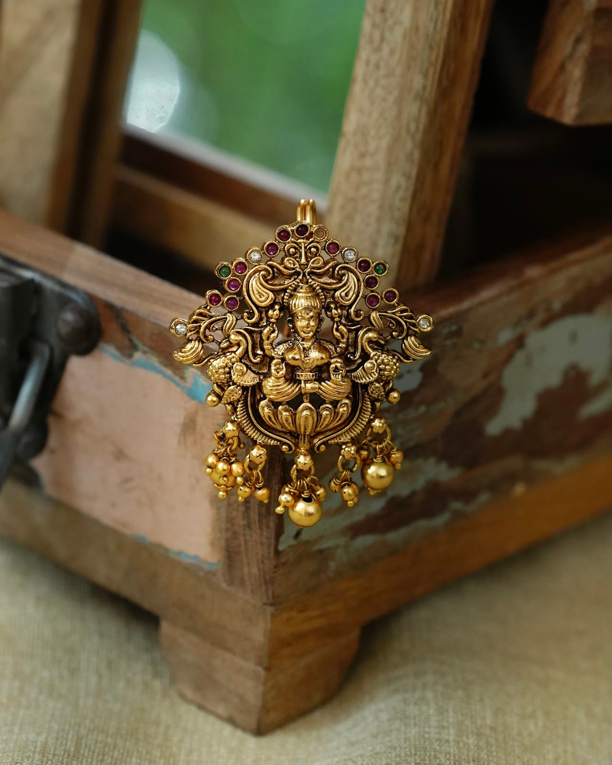 Antique Gold-Finish Lakshmi & Peacock Hair Accessory | HA434