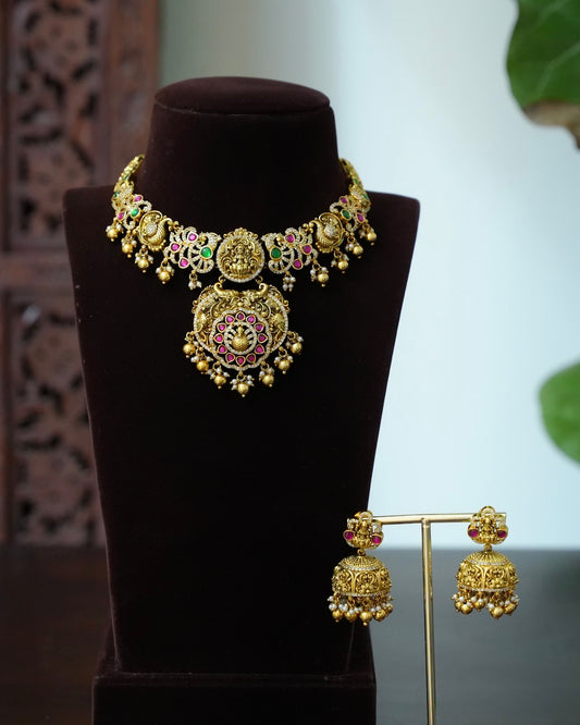 Multicolour Antique Gold Plated Lakshmi Choker Set with Earrings | NC939