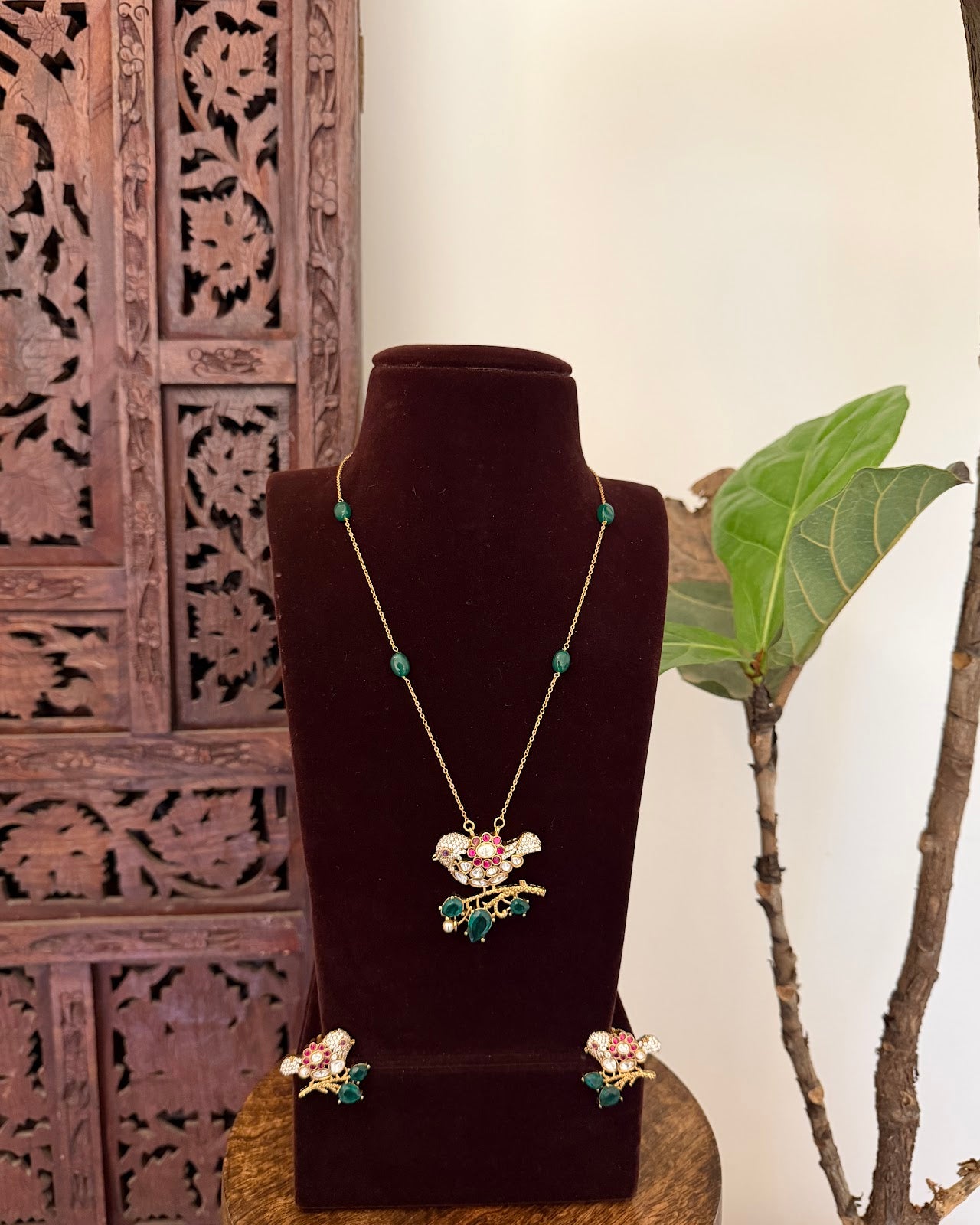 Mossanite Kundan Parrot Floral Necklace Set | Handmade Gold Plated | NC790