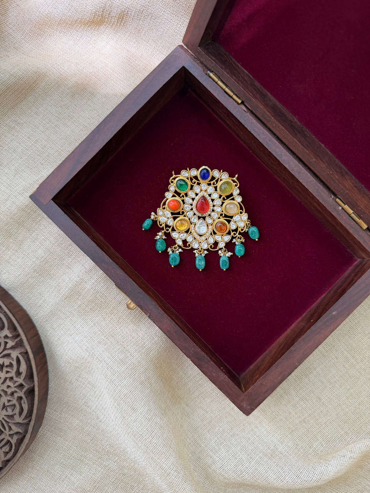 Jadau Kundan Multicolour Floral Pendant | Gold Plated Pearl Drop | HA394