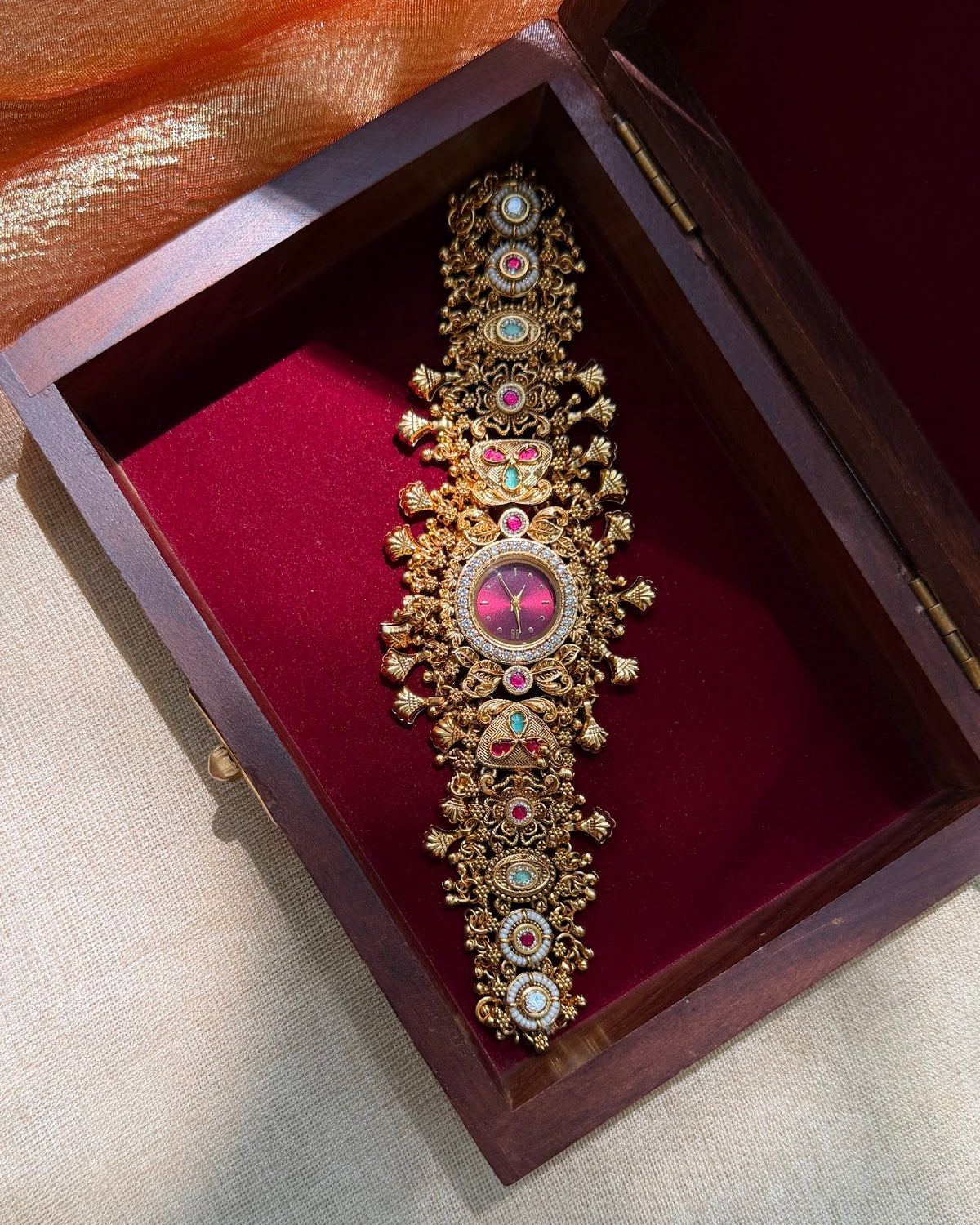 Heritage Jadau Kundan Designer Watch | Handmade Gold Plated | WA006