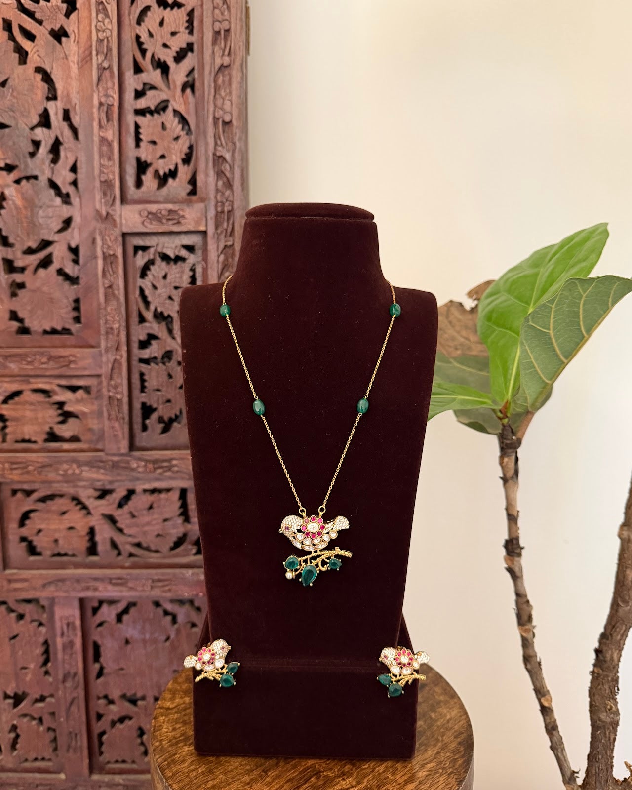 Mossanite Kundan Parrot Floral Necklace Set | Handmade Gold Plated | NC790
