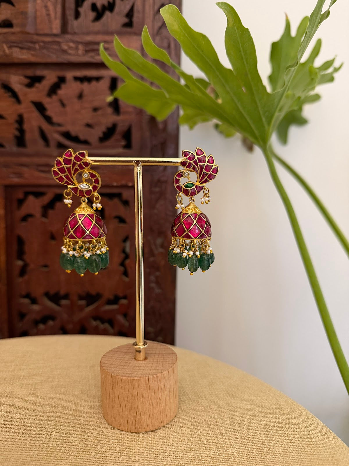 Ruby & Green Floral Peacock Jadau Kundan Jhumkas | ER411