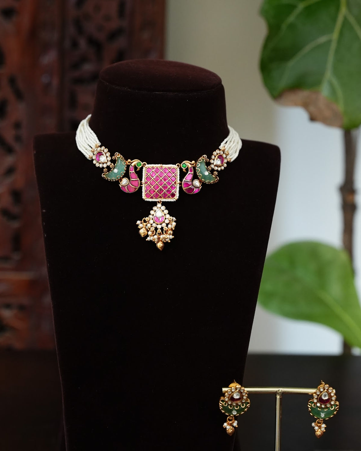 Kundan Pearl Peacock Choker with Earrings | Handmade Gold Plated | NC892