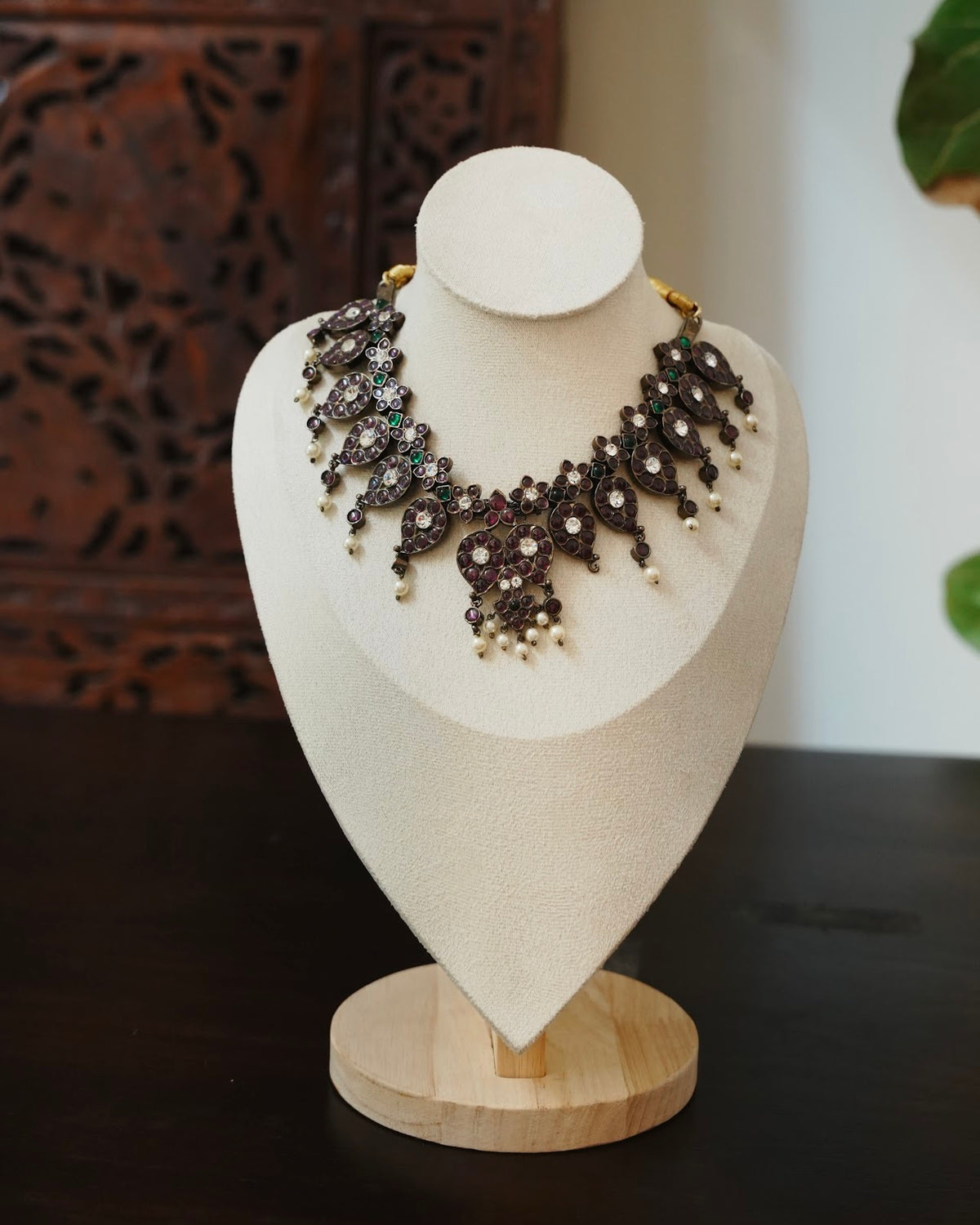 Vintage Black Oxidised Necklace with Kemp Stones & Pearl Beads | Handmade | NC918