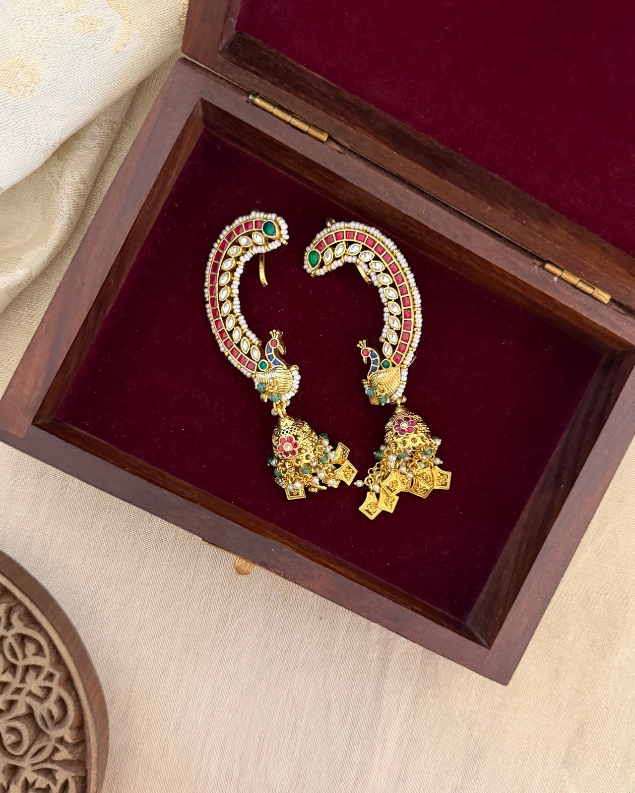 Royal Peacock Kundan Ear Cuff Jhumkas MultiColour ER405